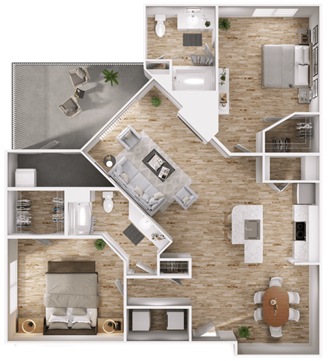 Floor plan for 2 beds, 2 baths, 1130 sqft
